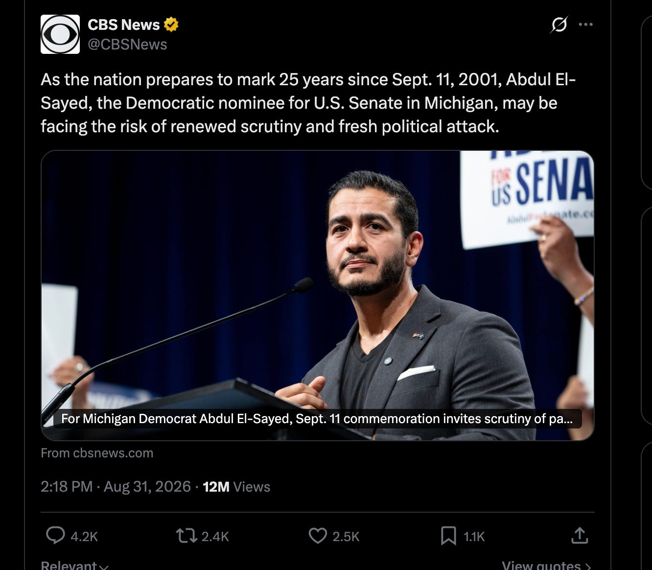 CBS News: As the nation prepares to mark 25 years since Sept. 11, 2001, Abdul El-Sayed, the Democratic nominee for U.S. Senate in Michigan, may be facing the risk of renewed scrutiny and fresh political attack.