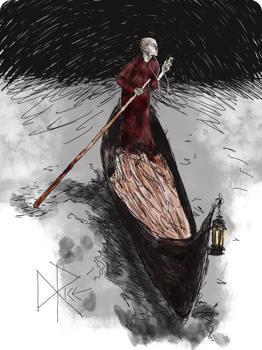 Rockin’ like it is 2003 with his white wired earbuds, Charon (the ferryman of the underworld in Greek mythology) propels the boat with an oar in one hand as he scrolls on a mobile phone with the other. Sketch art by Don Rice.
