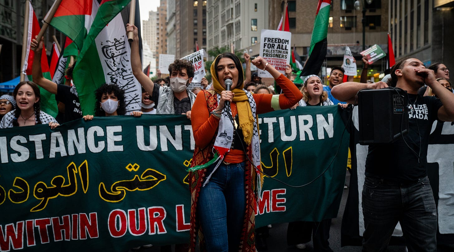 Nerdeen Kiswani, the leader of Within Our Lifetime, at a protest in Manhattan on September 17, 2021. (Luke Tress) Nerdeen Kiswani, the leader of Within Our Lifetime, at a protest in Manhattan on September 17, 2021. (Luke Tress)