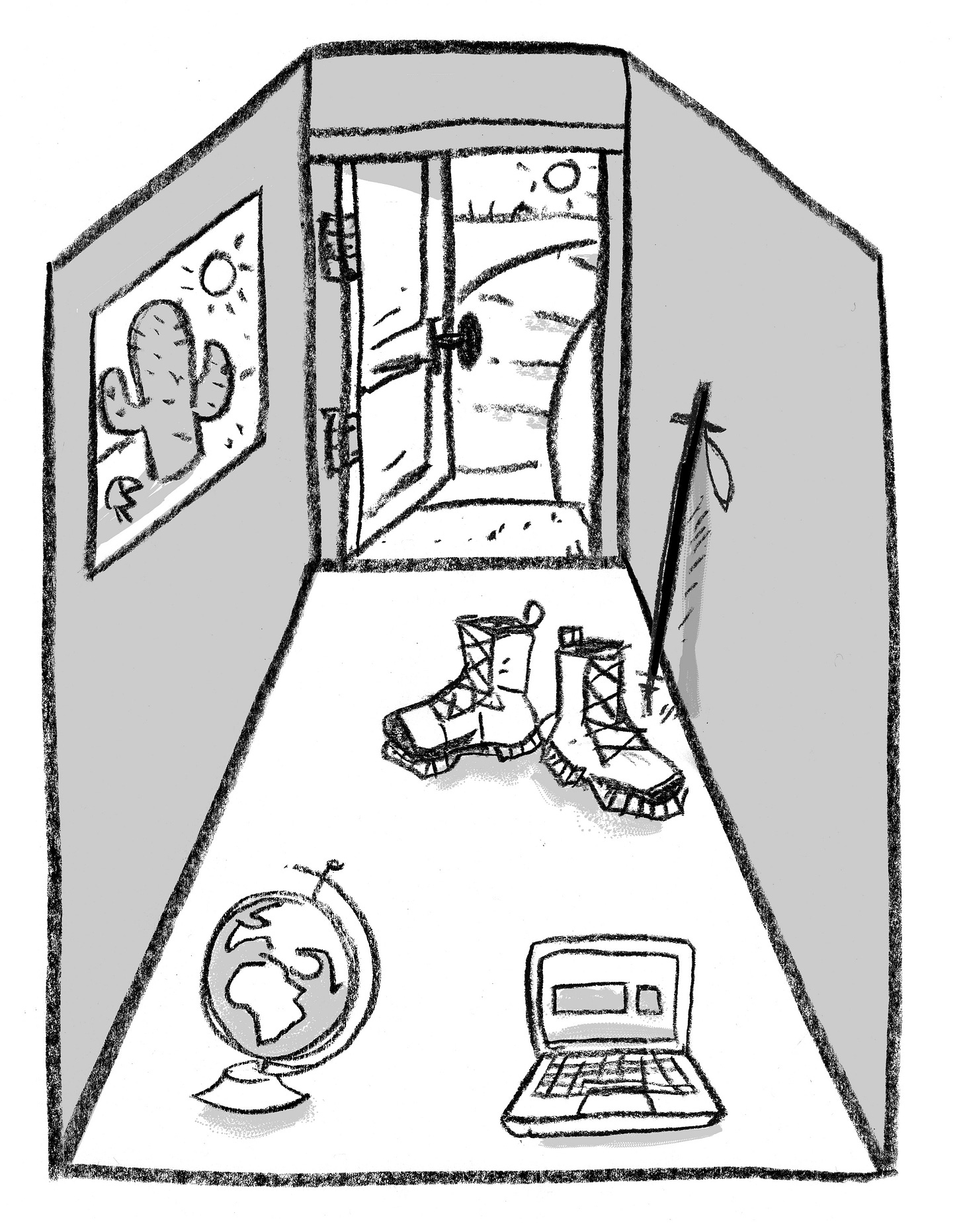 a photo of a hallway with the front door open, leading to adventure