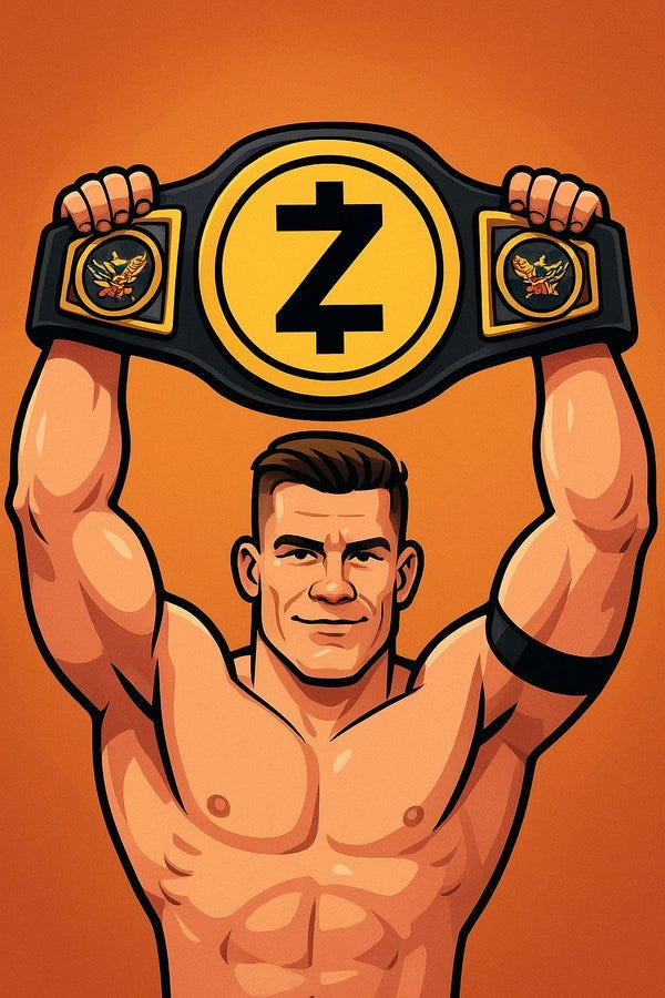 Cartoon illustration of muscular man resembling John Cena with short brown hair and black armband, standing and holding up a large golden championship belt featuring yellow Zcash ZEC logo in center, eagle emblems on sides, against orange background. Second image shows similar realistic style photo of John Cena raising the same custom Zcash-themed belt overhead, wearing black wristbands and necklace, green background.