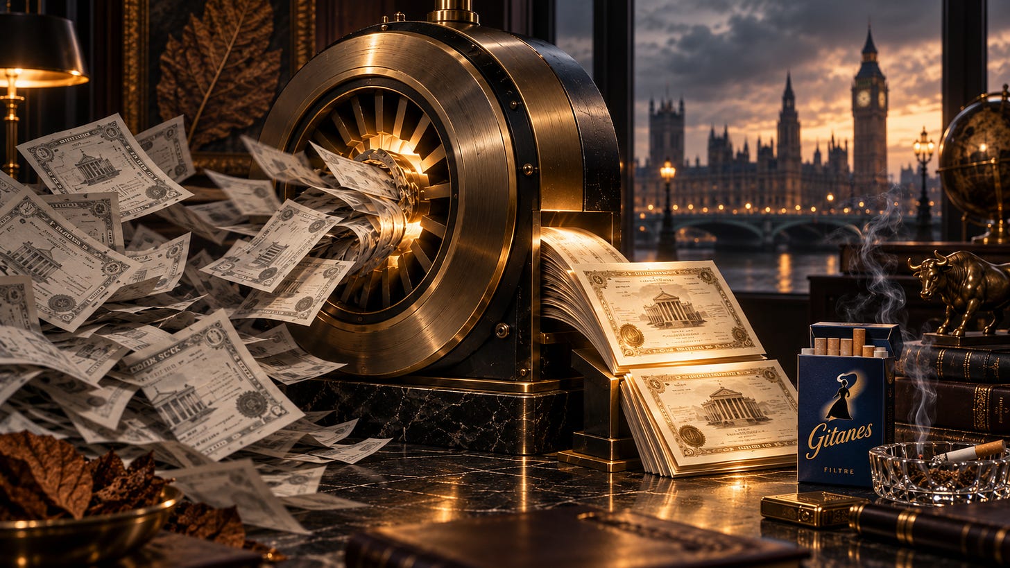 Illustration of a brass machine drawing in share certificates, with the London skyline and Big Ben behind it, evoking a company buying back its own stock.