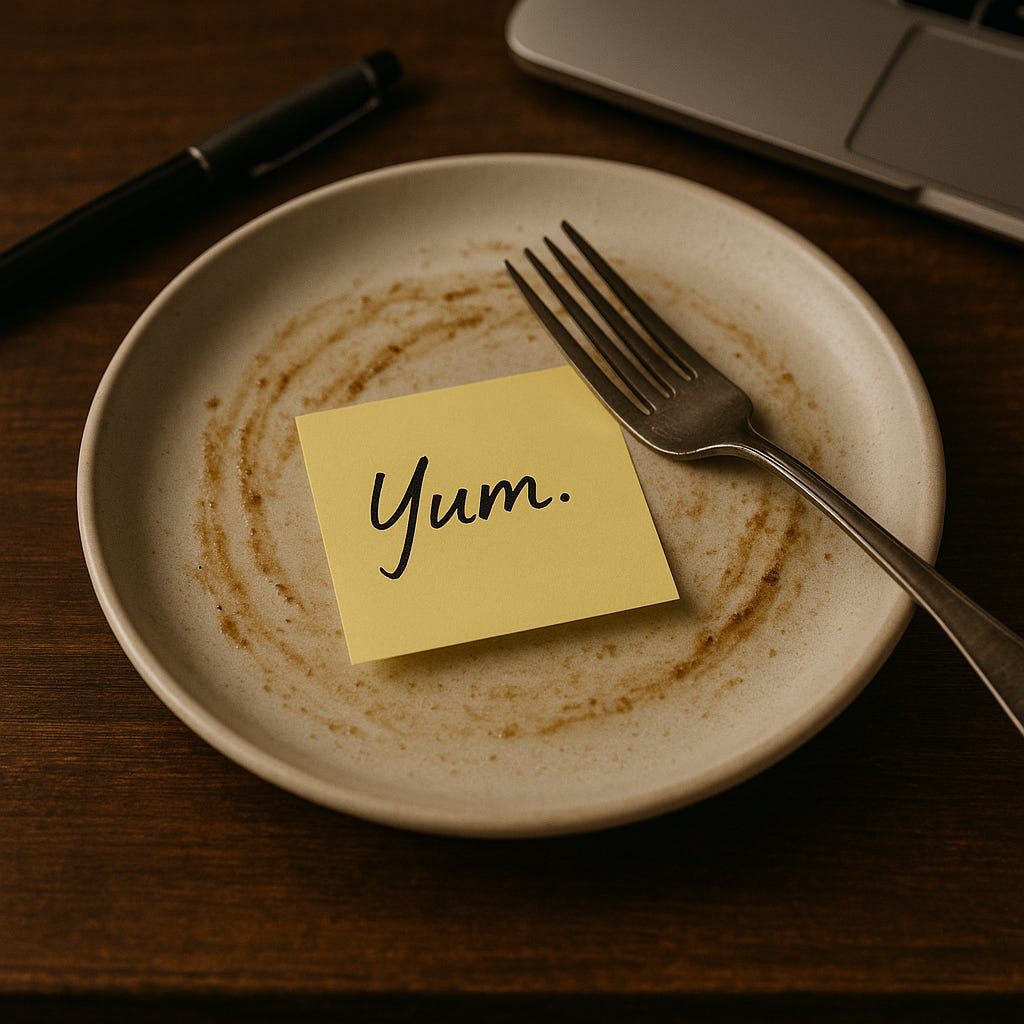 yellow sticky note that reads “Yum.” in handwritten script. A fountain pen and part of a laptop frame the scene, suggesting a writer’s quiet meal or a post-dinner reflection. yellow sticky note that reads “Yum.” in handwritten script. A fountain pen and part of a laptop frame the scene, suggesting a writer’s quiet meal or a post-dinner reflection.
