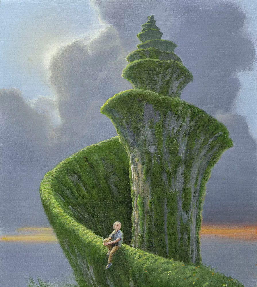 A tightening concrete spiral overgrown with moss takes the shape of a huge flower unwinding. A boy sits on the outer edge of the spiral with one leg dangling down and the other knee up with hands cupped around it.