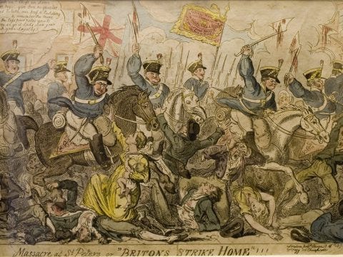 Massacre at St. Peters, or Britons strike home, cartoon [depicting Peterloo] by Manchester Histories, under a Creative Commons licence
