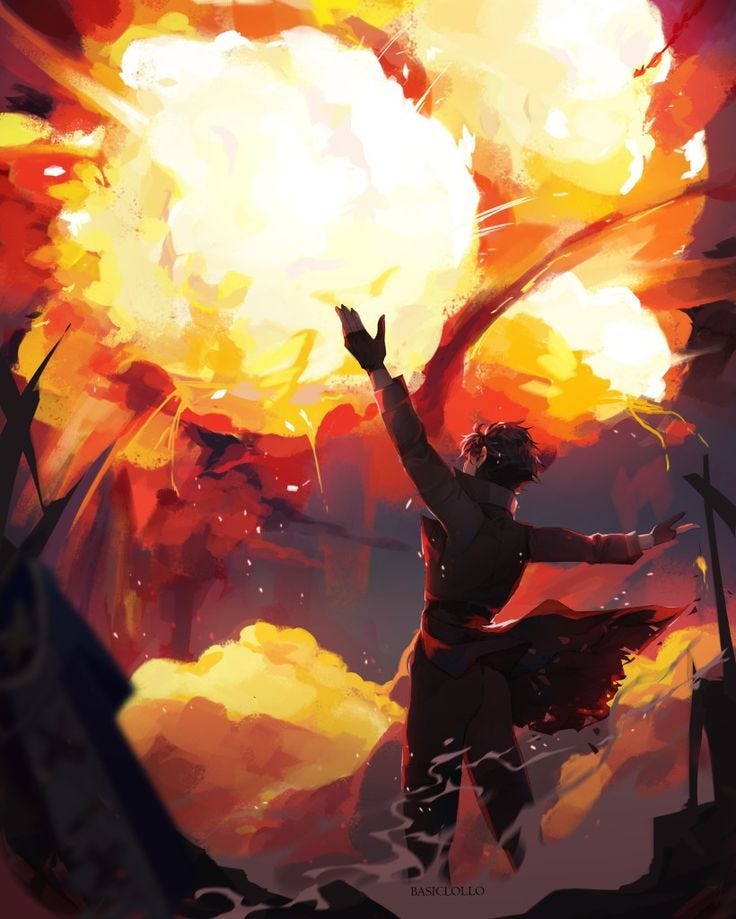 This may contain: a man standing in front of an orange and yellow fireball with his arms up This may contain: a man standing in front of an orange and yellow fireball with his arms up