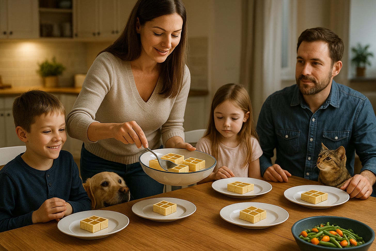 Family serving identical cube desserts—visual metaphor for evenly sharded database chunks. Family serving identical cube desserts—visual metaphor for evenly sharded database chunks.