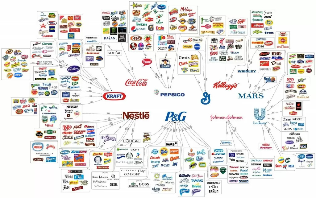 A flowchart graphic showing the top companies in the world that basically rule the consumer market.