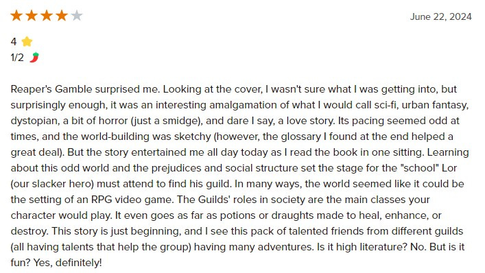 Image of a four star review for Reaper's Gamble, an urban fantasy novel