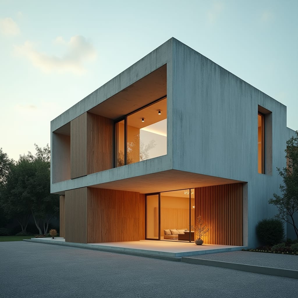 A basic commercial block, with a modular design using simple, rectangular shapes. The building is made of concrete with large windows, offering open spaces inside for flexible use. The exterior is accented with vertical wooden slats for a touch of warmth and texture. Modular design, concrete and wood, clean and functional.