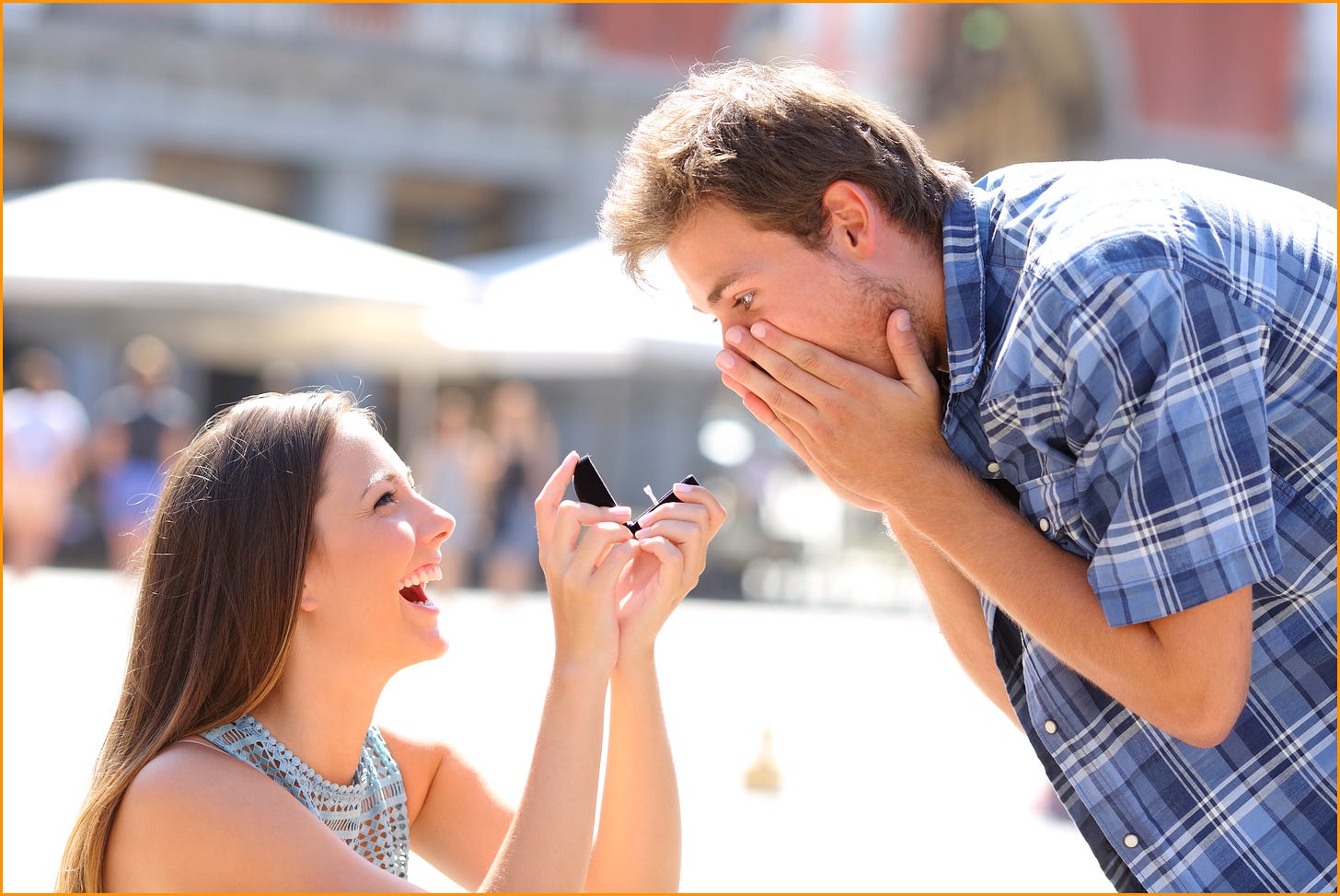 Photo of a smiling woman on bent knee presenting a diamond ring to a man with his hands covering his face in surprise and delight