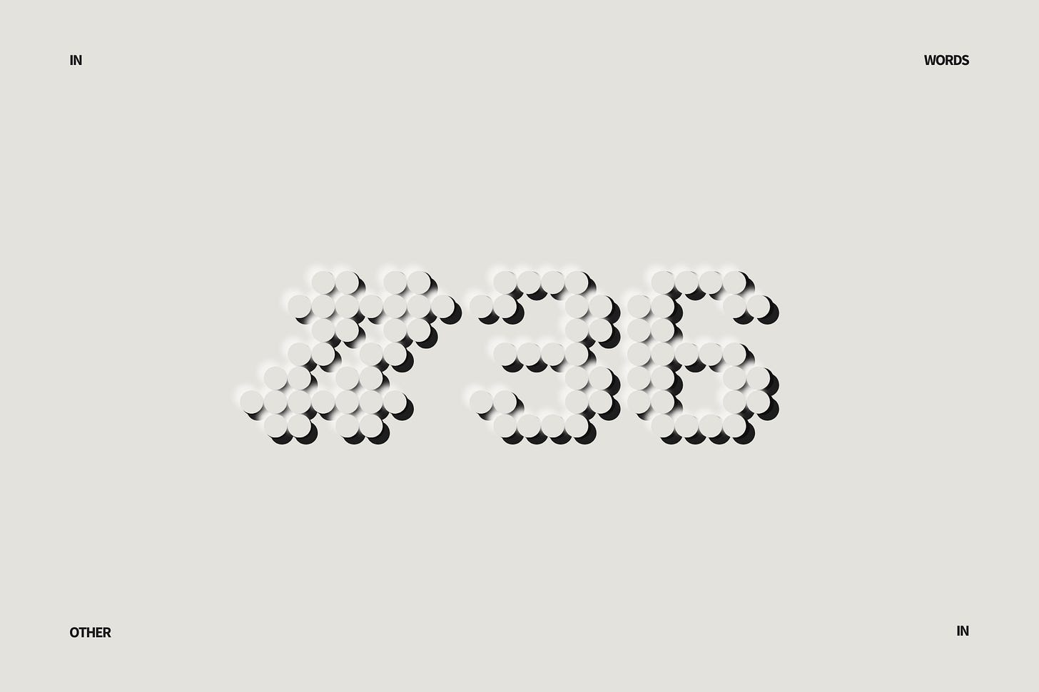 A minimalist, cream-colored digital canvas styled like an embossed museum placard. At the center, the characters #36 are rendered in a pixelated font where each individual pixel is perfectly imitated by a large, raised circular dot. These dots cast soft drop shadows, seamlessly marrying a computational grid layout with the heavy, physical depth of printmaking. The words IN, WORDS, OTHER, and IN are subtly typeset in a clean sans-serif font in the extreme corners of the frame. Part of the In Other Words series at The Subtext Review.