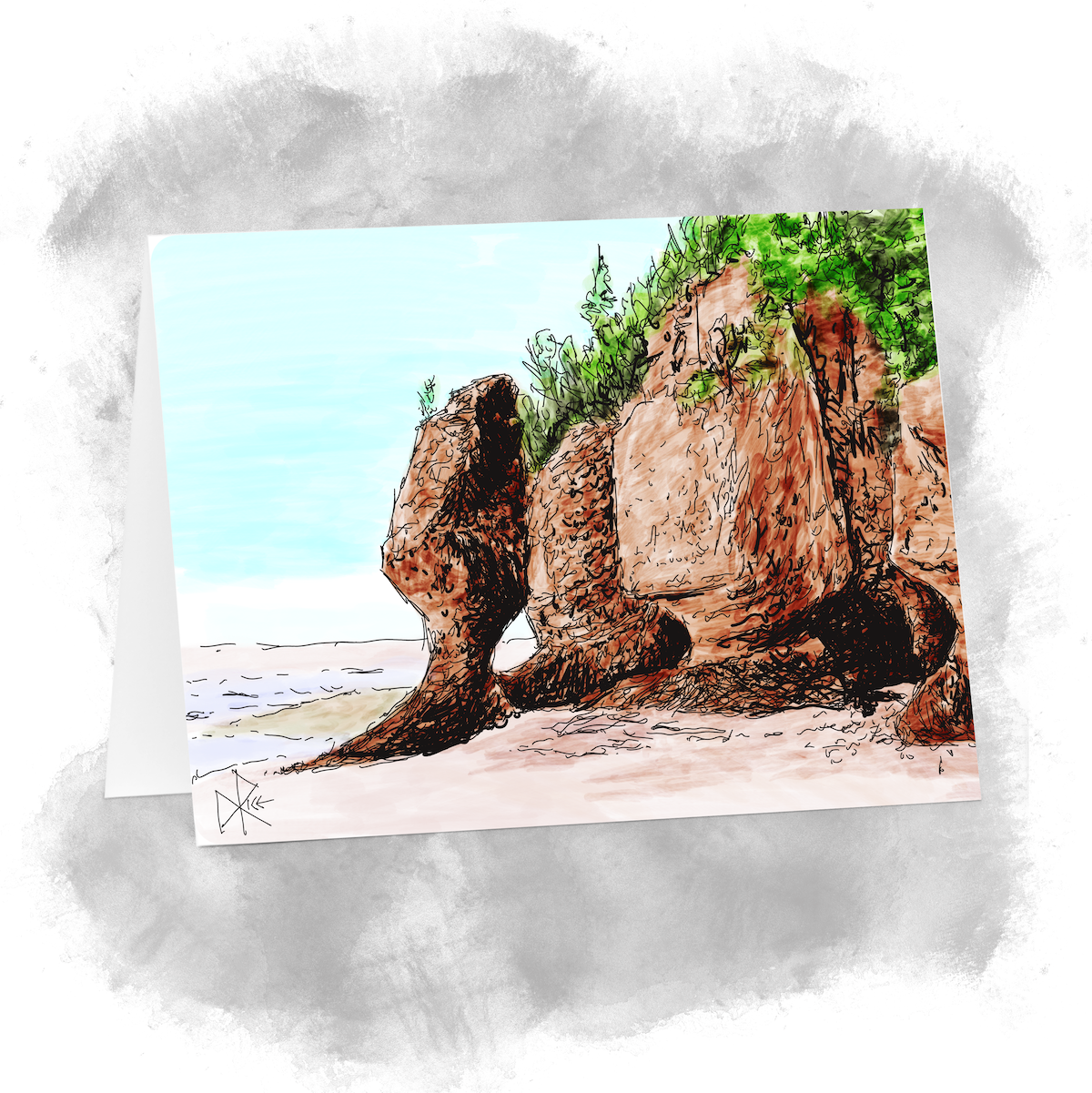 At Hopewell Rocks, in the Canadian province of New Brunswick, low tide fully exposes the eroded ‘flowerpot’ formations that stand in water or on dry land, depending on the time of day. Sketch art by Don Rice. At Hopewell Rocks, in the Canadian province of New Brunswick, low tide fully exposes the eroded ‘flowerpot’ formations that stand in water or on dry land, depending on the time of day. Sketch art by Don Rice.