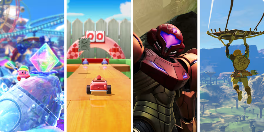 Kirby, Mario Party, Metroid, and Zelda on Switch 2.