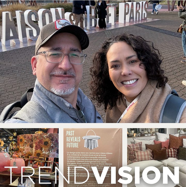 Dan Nazario and Alex Ortiz attending Maison & Objet Paris 2026 in January, photographed during TrendVision trend scouting in Paris. Maison & Objet Paris 2026 exhibitor display featuring layered cushions, floral textiles, and mixed patterns showcasing home décor trend direction.