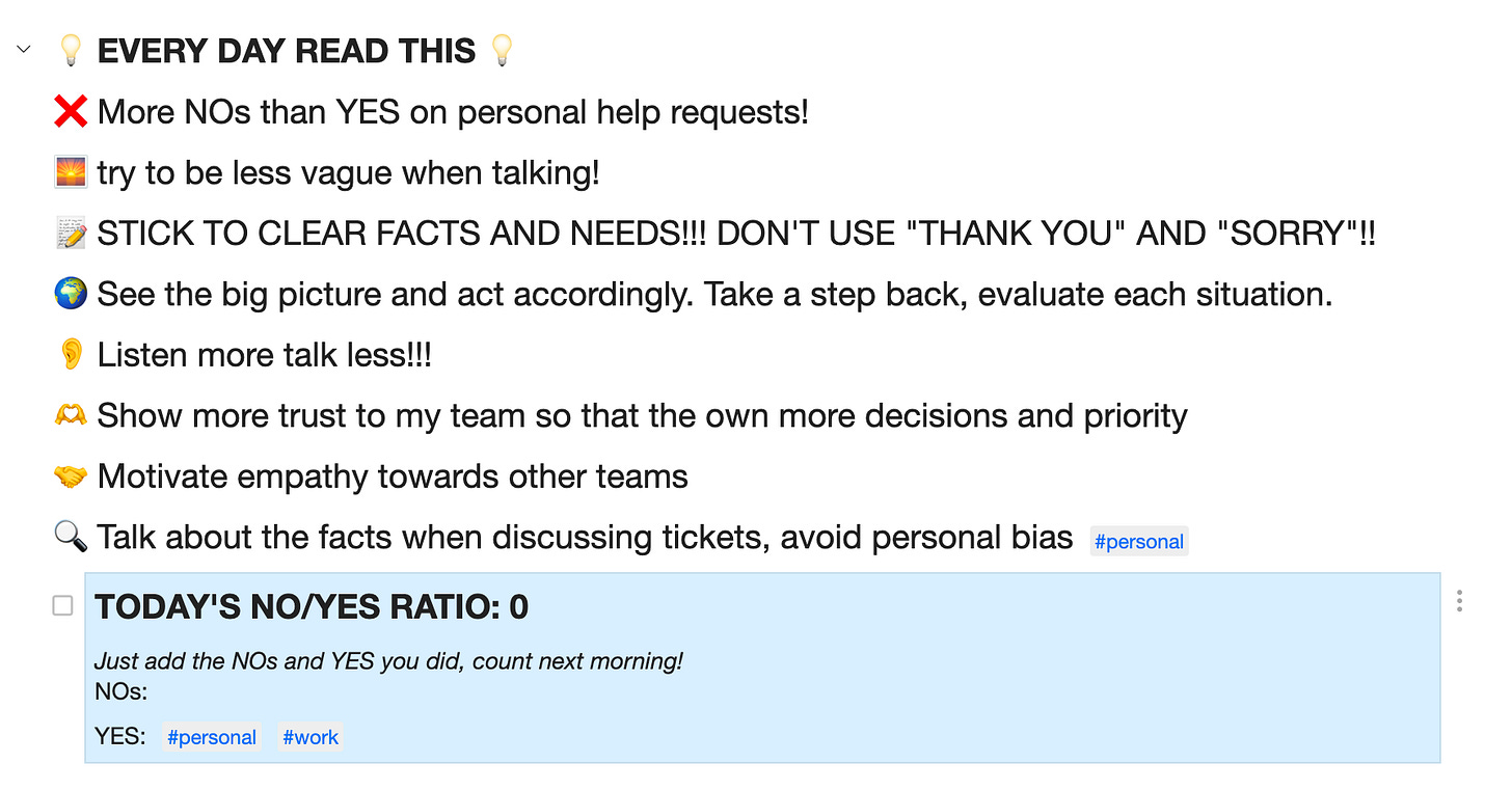 A grab for my todo, among other things includes two lines reading "More Nos than YES on personal help requests!" and "Today's NO/YES RATIO: 0"