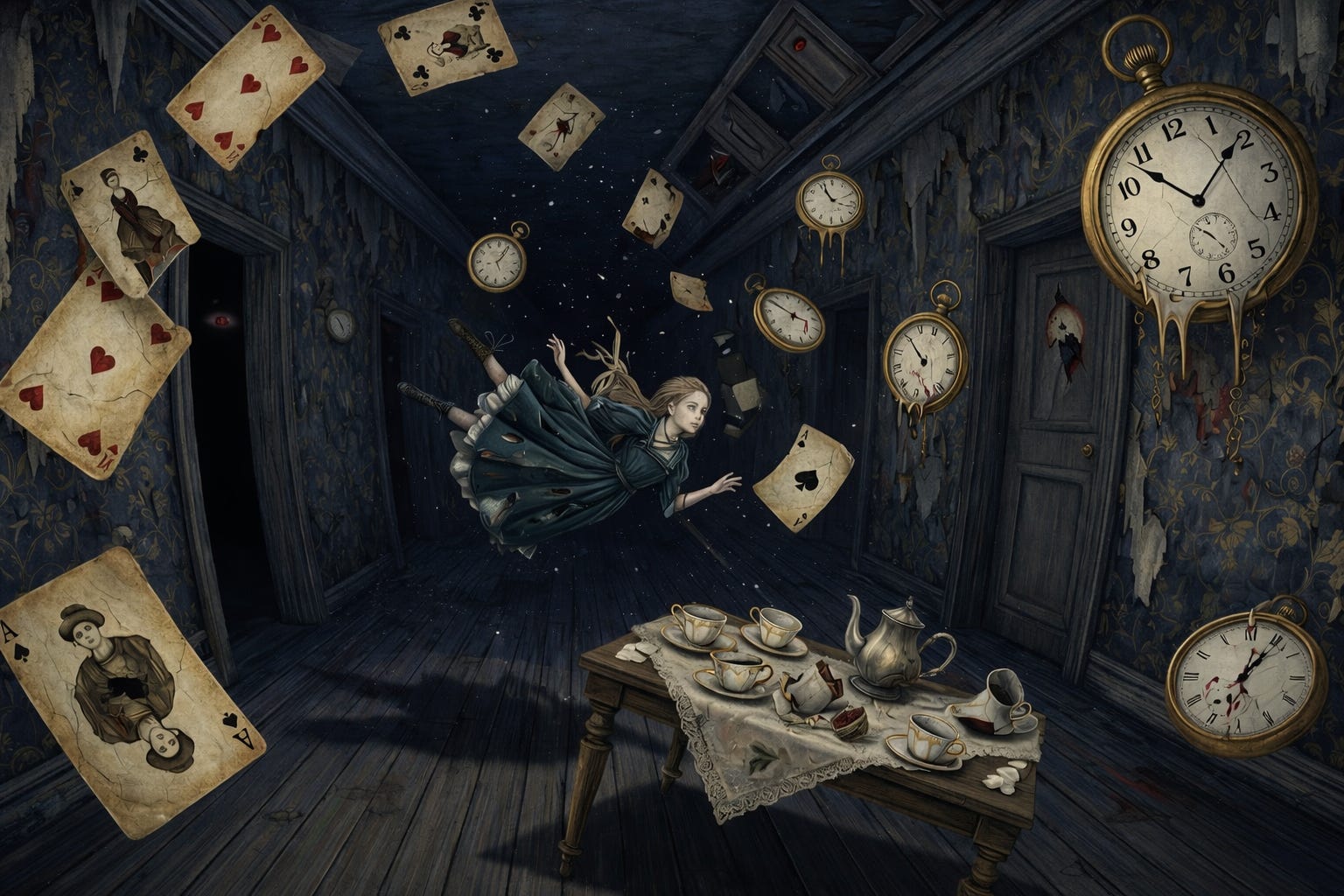 Uma garota loira de vestido azul flutua numa espiral de cartas através de um corredor escuro, com muitas portas, relógios derretendo e uma mesa de chá. Uma garota loira de vestido azul flutua numa espiral de cartas através de um corredor escuro, com muitas portas, relógios derretendo e uma mesa de chá.