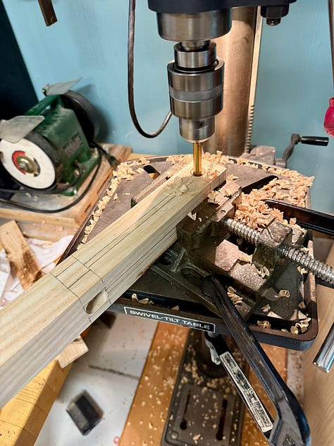 Three-step woodworking process. Left: marking mortise locations on a board with ruler and pencil over woodworking plans. Center: drilling mortises with a drill press. Right: chiseling the mortise by hand with a mallet and chisel.
