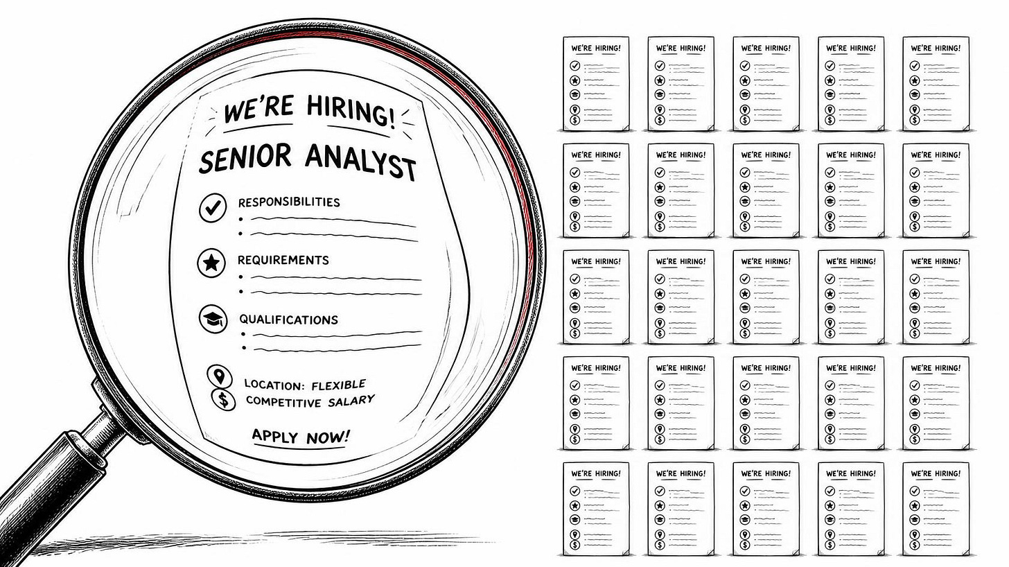 One warped job ad contrasts with twenty postings revealing a clearer pattern.