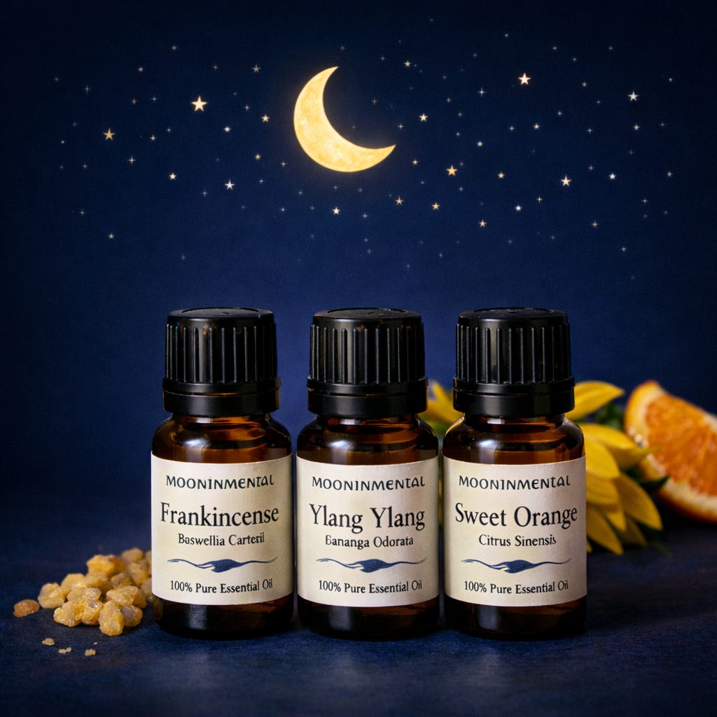 Frankincense, Ylang Ylang, and Sweet Orange essential oils — this week's MoonInMental blend for the Cancer Full Moon