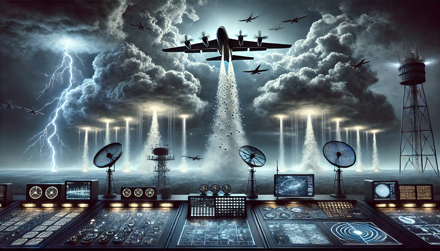 A futuristic digital artwork depicting the evolution of weather modification technology. The image showcases an aircraft soaring through storm clouds, dispersing nucleation agents into the sky. Below, a high-tech radar station tracks the storm’s development on multiple glowing screens. The scene is illuminated by lightning flashes, casting an eerie glow over the dark clouds. The composition blends historical elements from the 1940s with futuristic technology, representing the convergence of theory and application in weather control. Created using cinematic lighting, realistic textures, dynamic composition, high-definition detail, and a moody, atmospheric color palette.