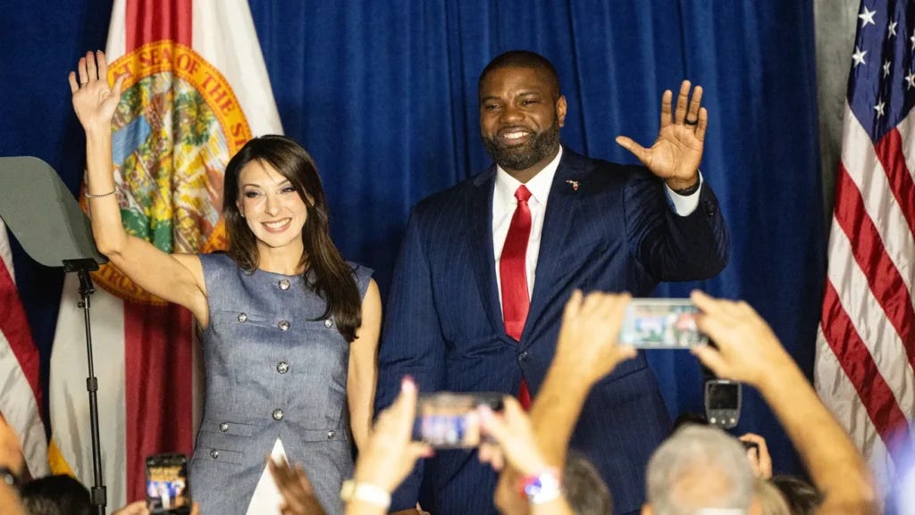 Byron Donalds and his wife Erika wave to the crowd at his kickoff party for the governor’s race at the Sugarshack in Bonita Springs on Friday, March 28, 2025. Byron Donalds and his wife Erika wave to the crowd at his kickoff party for the governor’s race at the Sugarshack in Bonita Springs on Friday, March 28, 2025.