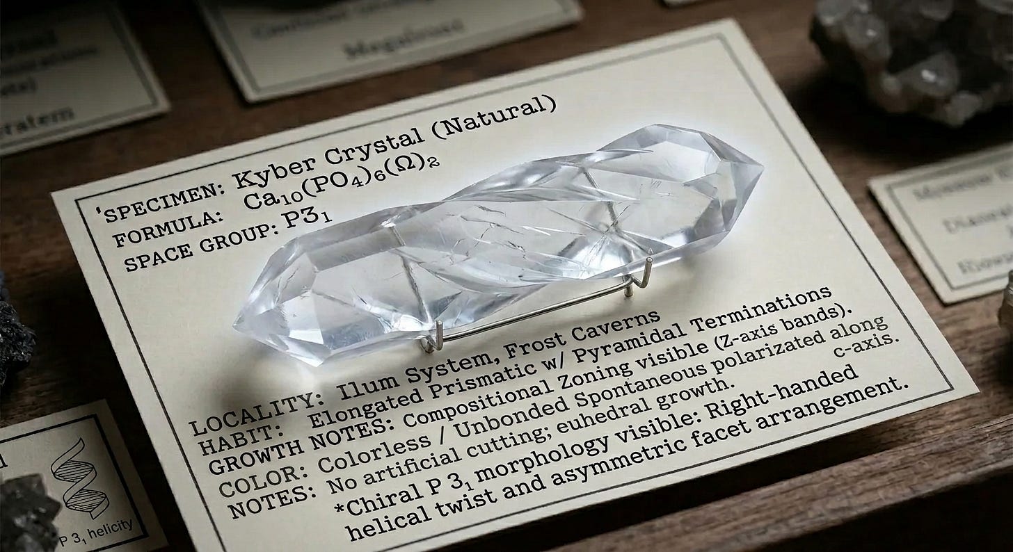 A clear, colorless crystal specimen displayed on a wire stand atop a museum specimen card. The crystal exhibits an elongated prismatic habit with pyramidal terminations at both ends and visible internal faceting suggesting compositional zoning. The specimen card reads: SPECIMEN: Kyber Crystal (Natural) / FORMULA: Ca₁₀(PO₄)₆(Ω)₂ / SPACE GROUP: P3₁ / LOCALITY: Ilum System, Frost Caverns / HABIT: Elongated Prismatic w/ Pyramidal Terminations / GROWTH NOTES: Compositional Zoning visible (Z-axis bands) / COLOR: Colorless / Unbonded Spontaneous polarized along c-axis / NOTES: No artificial cutting; euhedral growth. *Chiral P3₁ morphology visible: Right-handed helical twist and asymmetric facet arrangement. The card is surrounded by other mineral specimens and partially visible specimen labels on a wooden surface. A small P3₁ helicity diagram appears in the lower left corner of the card.