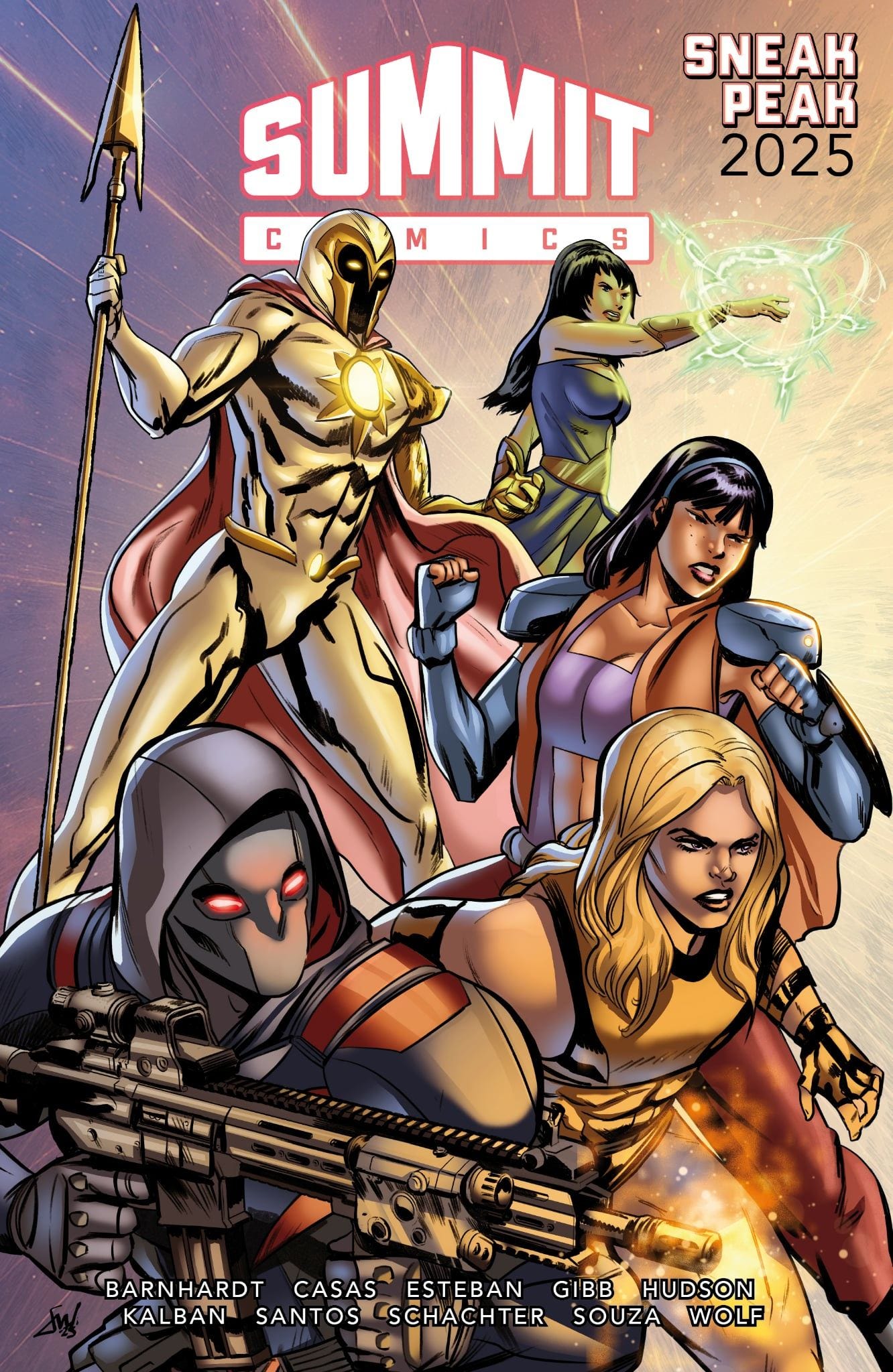 May be a graphic of text that says 'SUMMIT SNEAK PEAK 2025 C M MIC C I 5 SeboN Oi BARNHARDT CASAS ESTEBAN GIBB HUDSON KALBAN SANTOS SCHACHTER SOUZA WOLF' May be a graphic of text that says 'SUMMIT SNEAK PEAK 2025 C M MIC C I 5 SeboN Oi BARNHARDT CASAS ESTEBAN GIBB HUDSON KALBAN SANTOS SCHACHTER SOUZA WOLF'