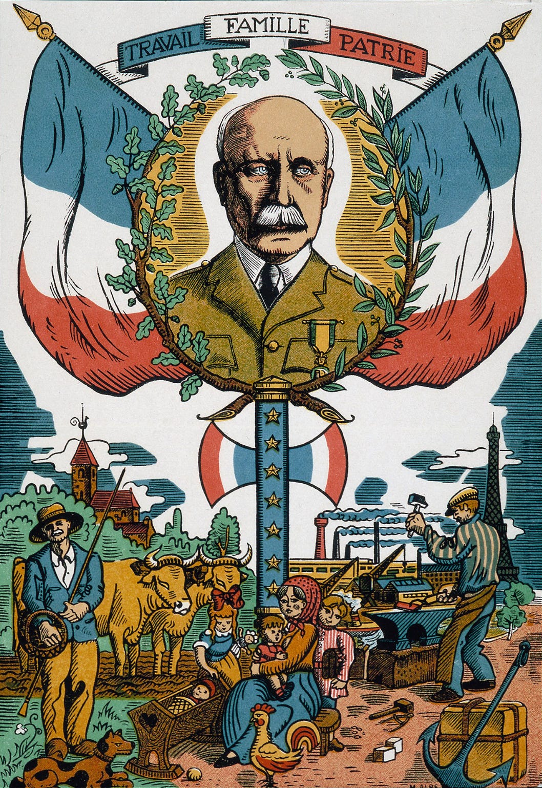 1942 propaganda poster featuring the likeness of Philippe Pétain with the words "Travail, Famille, Patrie" written above him. 1942 propaganda poster featuring the likeness of Philippe Pétain with the words "Travail, Famille, Patrie" written above him.
