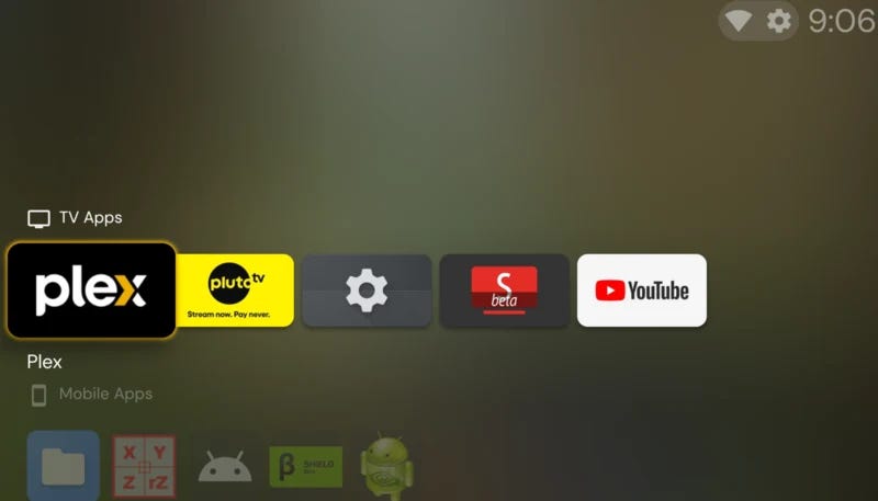 Projectivy home with Plex, Pluto TV, Settings, SmartTube Beta, and YouTube Projectivy home with Plex, Pluto TV, Settings, SmartTube Beta, and YouTube