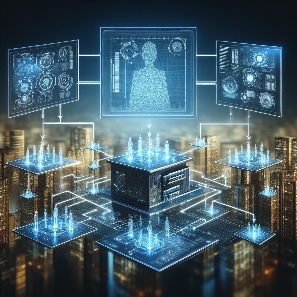 AIs in a corporate hierarchy with futuristic computer screens in an org chart format