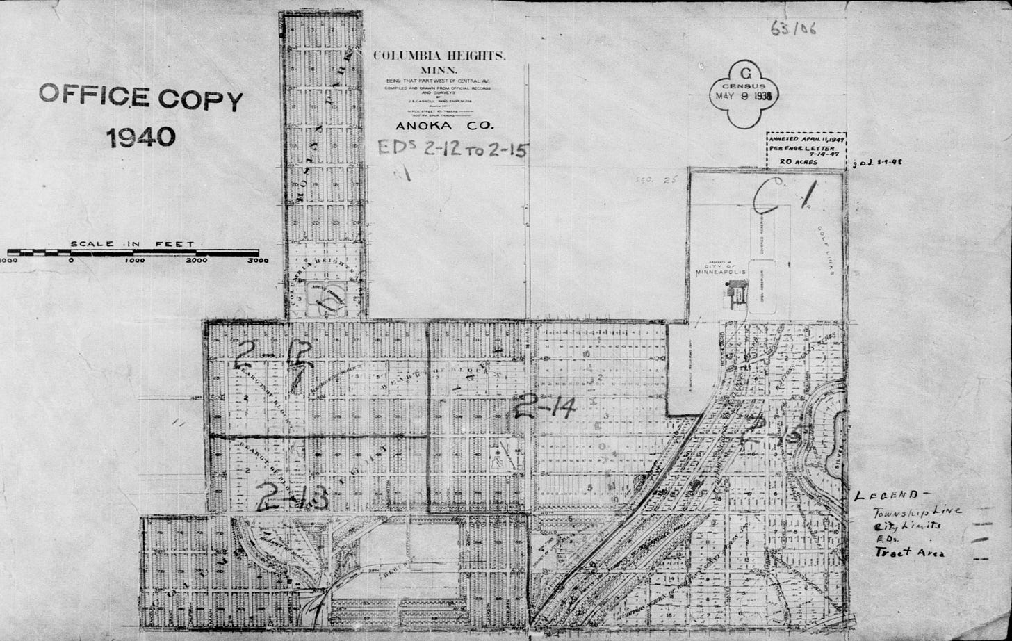 1940 U.S. Census enumeration district map of Columbia Heights, Minnesota, showing the city's street grid divided into four enumeration districts within Anoka County. The map includes a scale in feet, township and city limit boundaries, and a Census Bureau stamp dated May 9, 1938. National Archives and Records Administration document.
