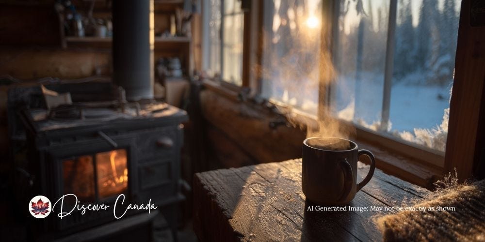 Steaming coffee mug beside a wood stove inside a northern Canadian cabin at sunrise. Steaming coffee mug beside a wood stove inside a northern Canadian cabin at sunrise.