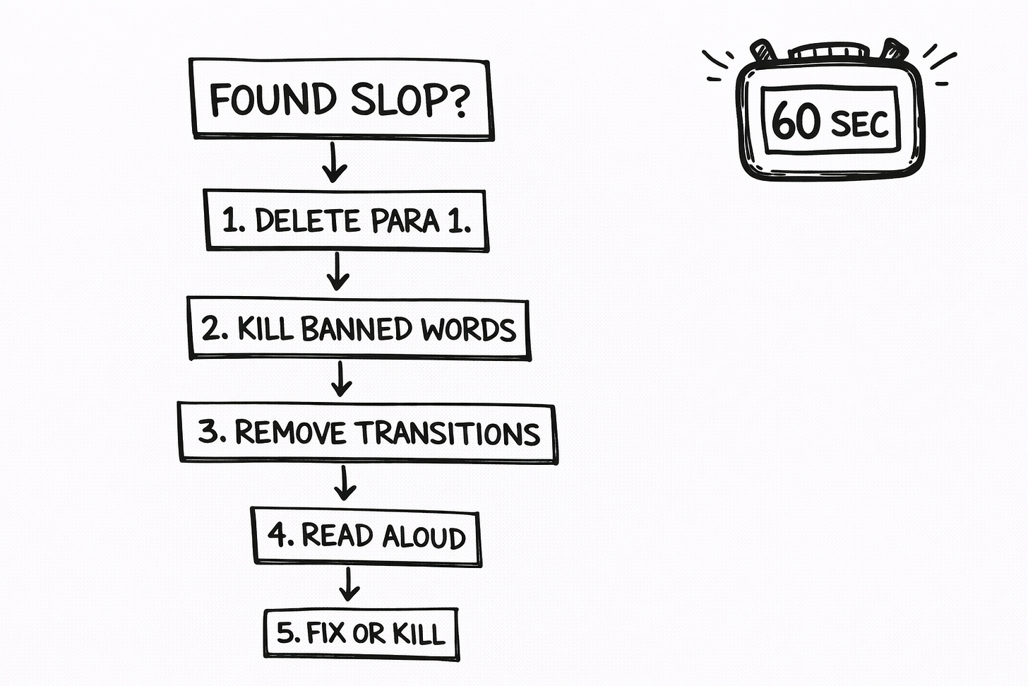 Hand-drawn funnel diagram with YOUR CONTENT poured into layered filters labeled SURFACE, STRUCTURE, and SOUL, showing how many flags each catches and producing CLEAN CONTENT vs SLOP, illustrating a content quality filter process.