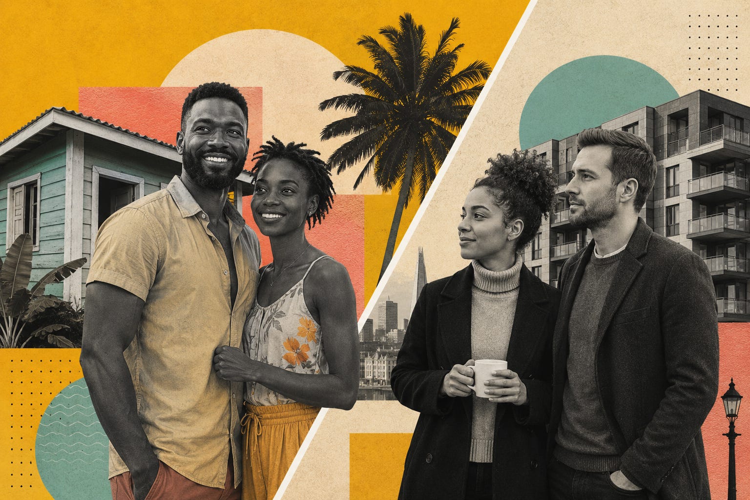 A striking split scene captures two versions of modern Caribbean aspiration, one rooted in the warmth and openness of island life, the other shaped by the dense realities of overseas urban living. Through bold collage textures, muted architecture, and contrasting tones, the image explores how housing, migration, and identity are increasingly tied together across Jamaica and Britain.