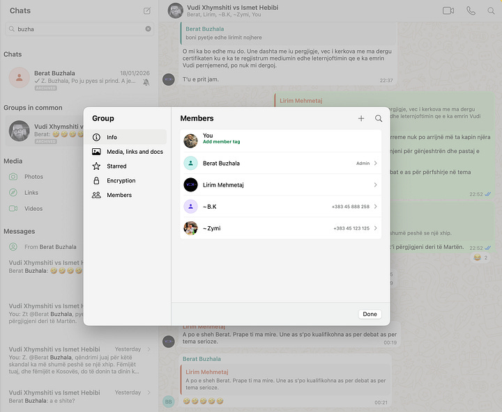 The WhatsApp group created by Berat Buzhala on 14 December 2024, three days after publication of our investigation. The group’s title and membership show it was designed as a performative space for ridicule, not dialogue.