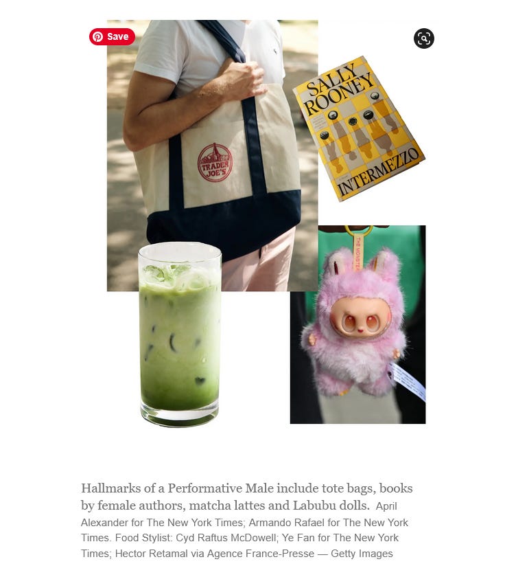 colagem de um homem branco com ecobag, um copo de plastico com matcha latte gelado, um livro da sally rooney e um boneco labubu (que é tipo um monstrinho com roupa de coelho) rosa