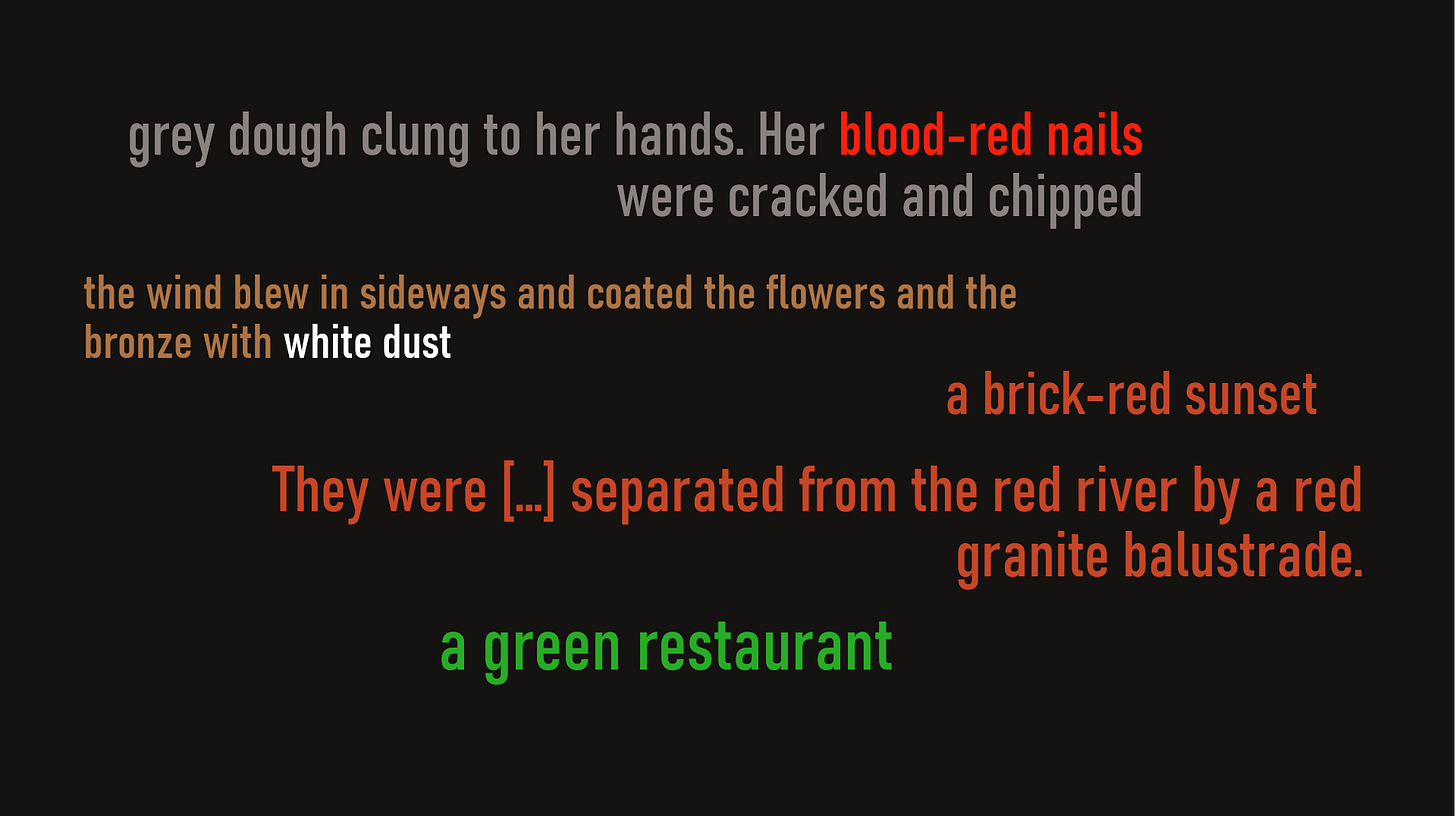  ‘grey dough clung to her hands. Her blood-red nails were cracked and chipped’; ‘the wind blew in sideways and coated the flowers and the bronze with white dust’; ‘They were […] separated from the red river by a red granite balustrade.’; ‘a brick-red sunset’; ‘a green restaurant’