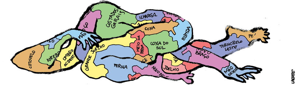 ilustração no traço característico de laerte: uma pessoa deitada, toda contorcida em si mesma, com o corpo dividido em fronteiras como um mapa. Em cada divisão é possível ler: ombro ocidental, joelho, grande joelho, costados gerais, bunda, coxa do sul, mão oriental, etc ilustração no traço característico de laerte: uma pessoa deitada, toda contorcida em si mesma, com o corpo dividido em fronteiras como um mapa. Em cada divisão é possível ler: ombro ocidental, joelho, grande joelho, costados gerais, bunda, coxa do sul, mão oriental, etc
