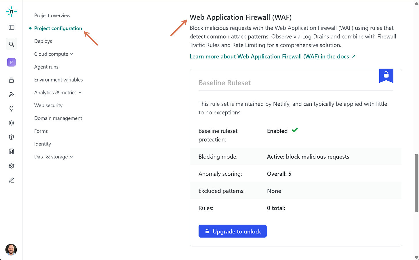 Netlify > Project > Web security; Netlify project security settings on a free plan, with enterprise-only firewall features locked Netlify > Project > Web security; Netlify project security settings on a free plan, with enterprise-only firewall features locked