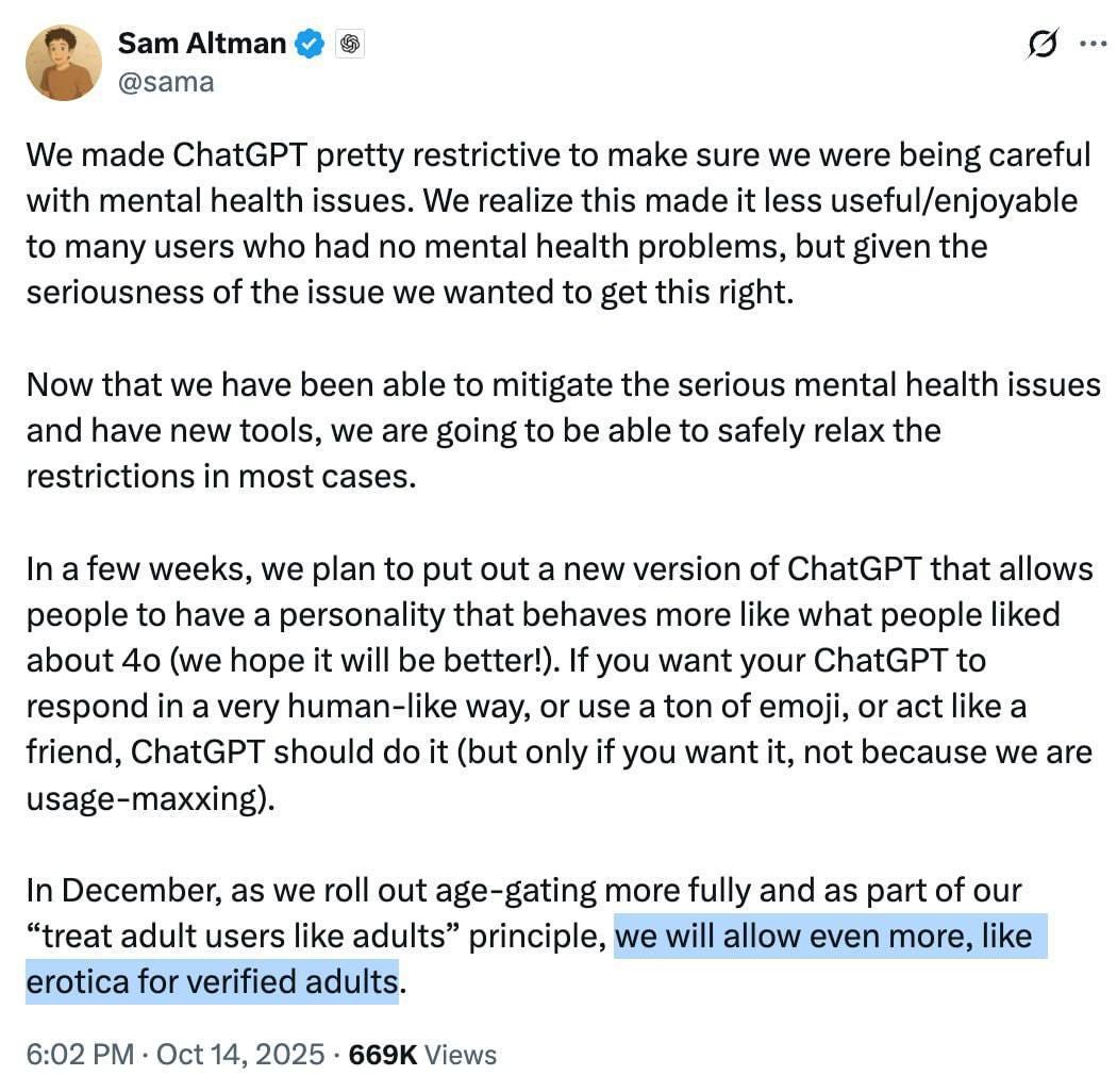 Sam Altman diz que o ChatGPT vai ficar mais permissivo para conversas mais quentes se você for adulto.