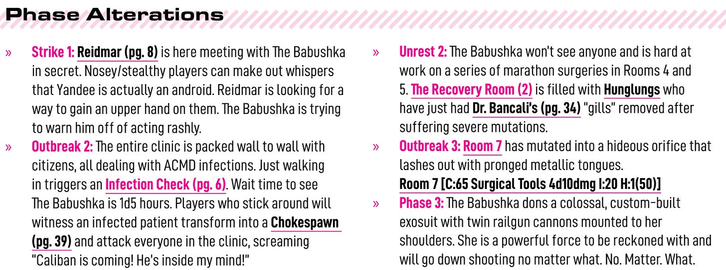 A snippet from A Pound of Flesh, an adventure for the ttrpg Mothership. It details ways a location changes based on events in the adventure.