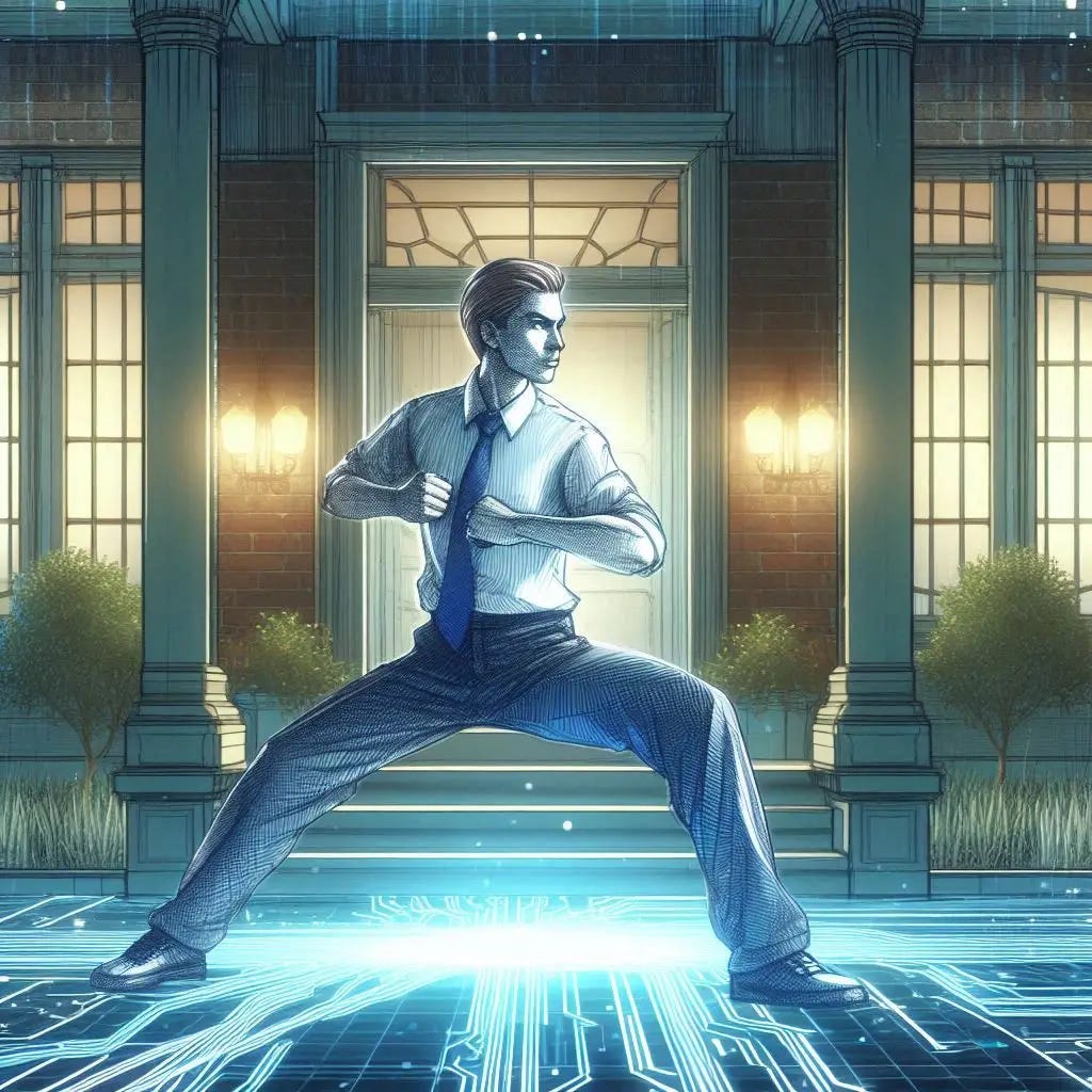 politician in kung-fu pose at night inside mansion, sci-fi drawing