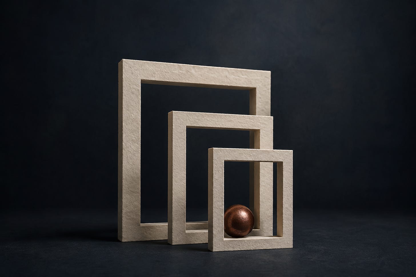 Editorial illustration of three ivory frames at different depths around a copper sphere. Editorial illustration of three ivory frames at different depths around a copper sphere.