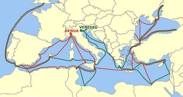 Γενοβέζικοι (κόκκινοι) και βενετικοί (πράσινοι) θαλάσσιοι εμπορικοί δρόμοι στη Μεσόγειο και τη Μαύρη Θάλασσα