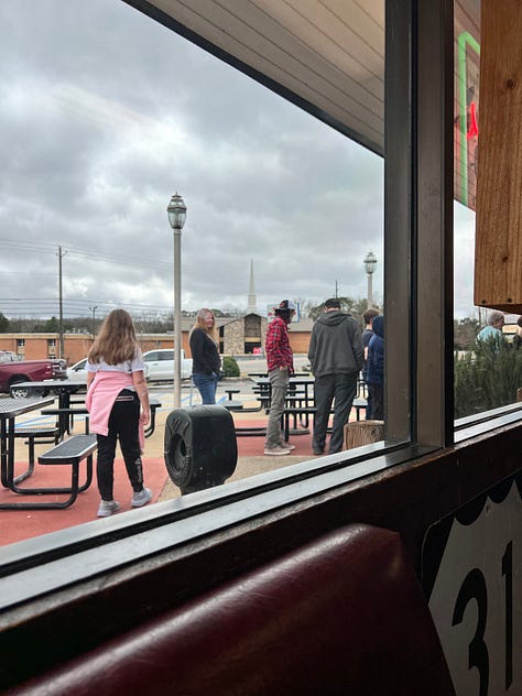 Various images of the inside and outside of Rusty’s Bar-b-q in Leeds Alabama