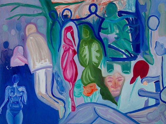 A semi abstract colour oil painting full of surreal figures