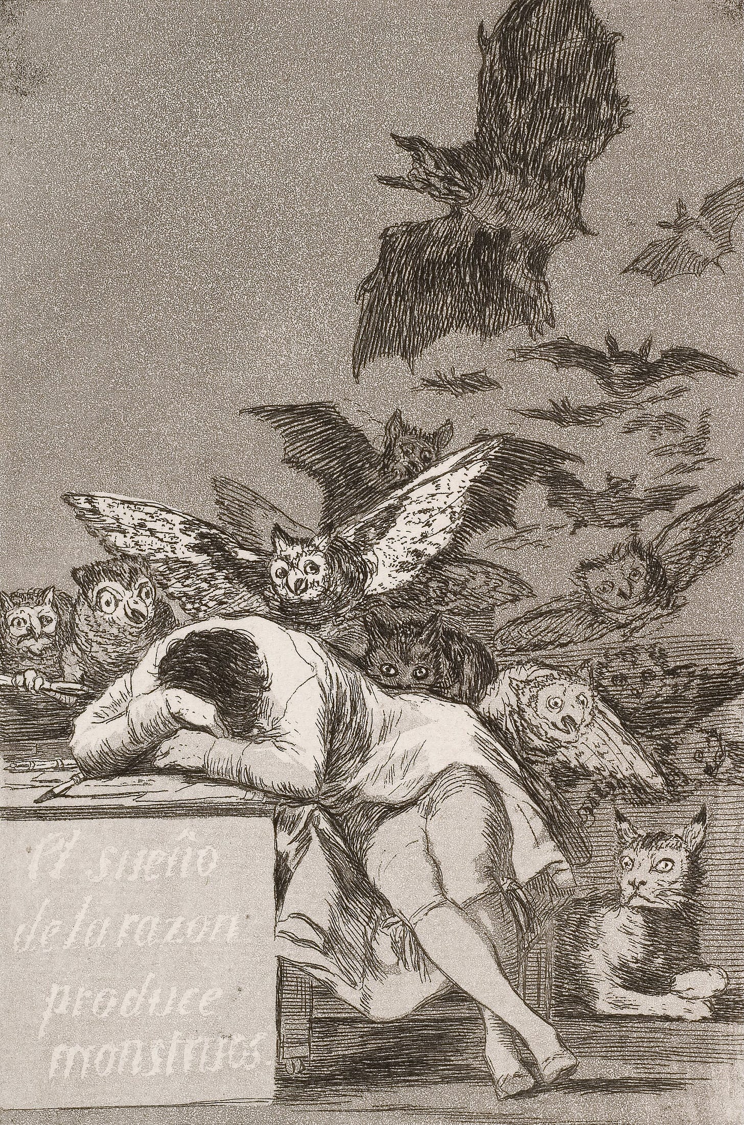 Francisco Goya, The Sleep of Reason Produces Monsters, Capricho No. 43, 1799. Etching and aquatint. Francisco Goya, The Sleep of Reason Produces Monsters, Capricho No. 43, 1799. Etching and aquatint.