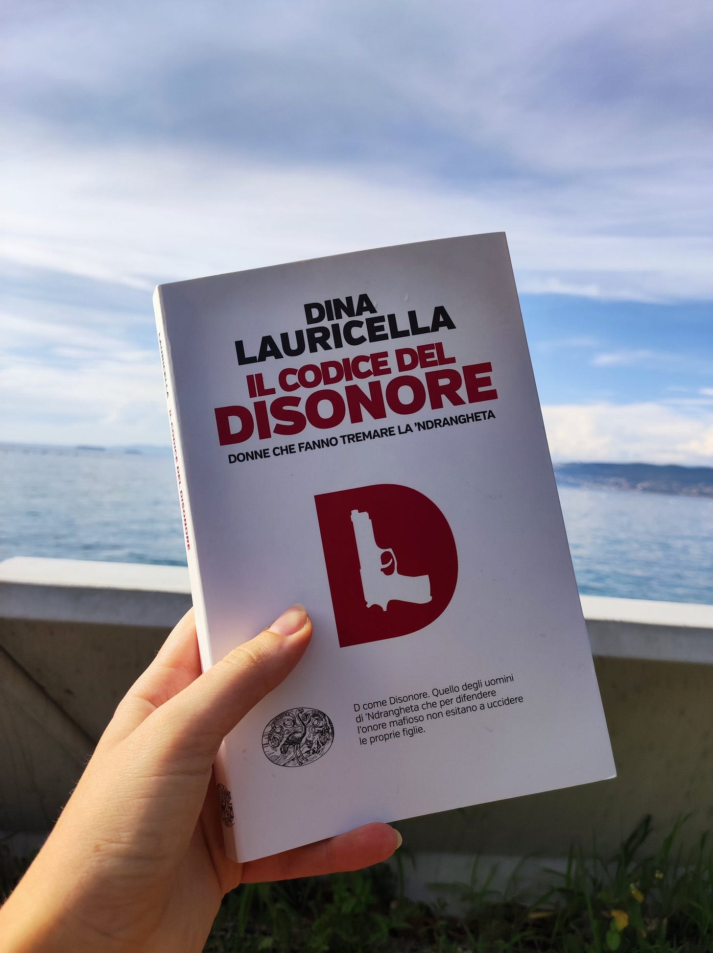 Una mano tiene un libro: Il codice del disonore di Dina Lauricella. Sulla copertina ci sono vari testi, oltre al titolo e all'autrice. Al centro c'è una D grande con il disegno di una pistola. Sullo sfondo si vede un muretto e il mare, con il cielo nuvoloso