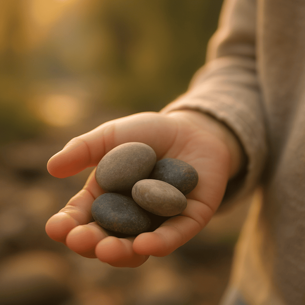 A child’s hand holding several smooth river stones in warm natural light. The background is softly blurred.